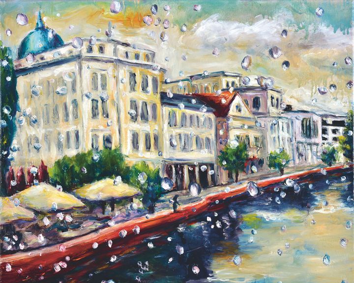 Gemälde das die Uferpromenade der Alten Fahrt in der Potsdamer Mitte zeigt. Im Vordergrund tanzen Regentropfen durchs Bild.