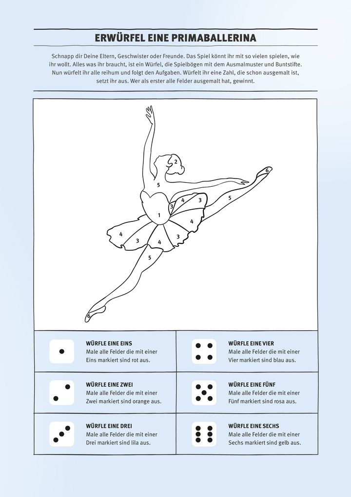 Hellblauer Spielbogen für ein Würfelspiel mit der prominenten Ausmalfigur einer Ballerina