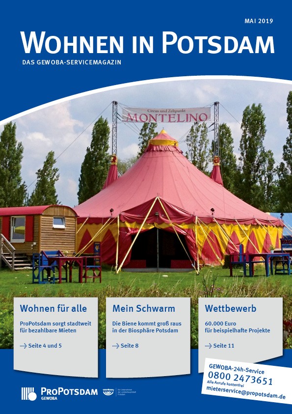 Cover des Gewoba-Servicemagazins Wohnen in Potsdam mit dem rot-gelbes Zirkuszelt des Zirkus Montelino