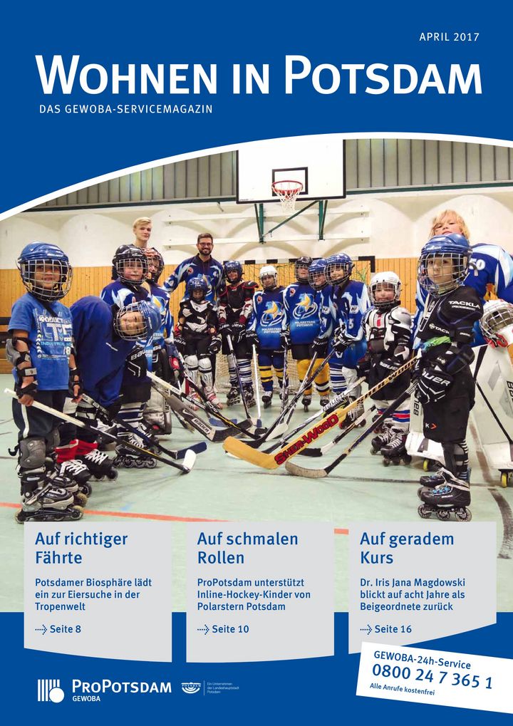 Cover des Gewoba-Servicemagazins Wohnen in Potsdam mit einer Nachwuchshockey-Mannschaft