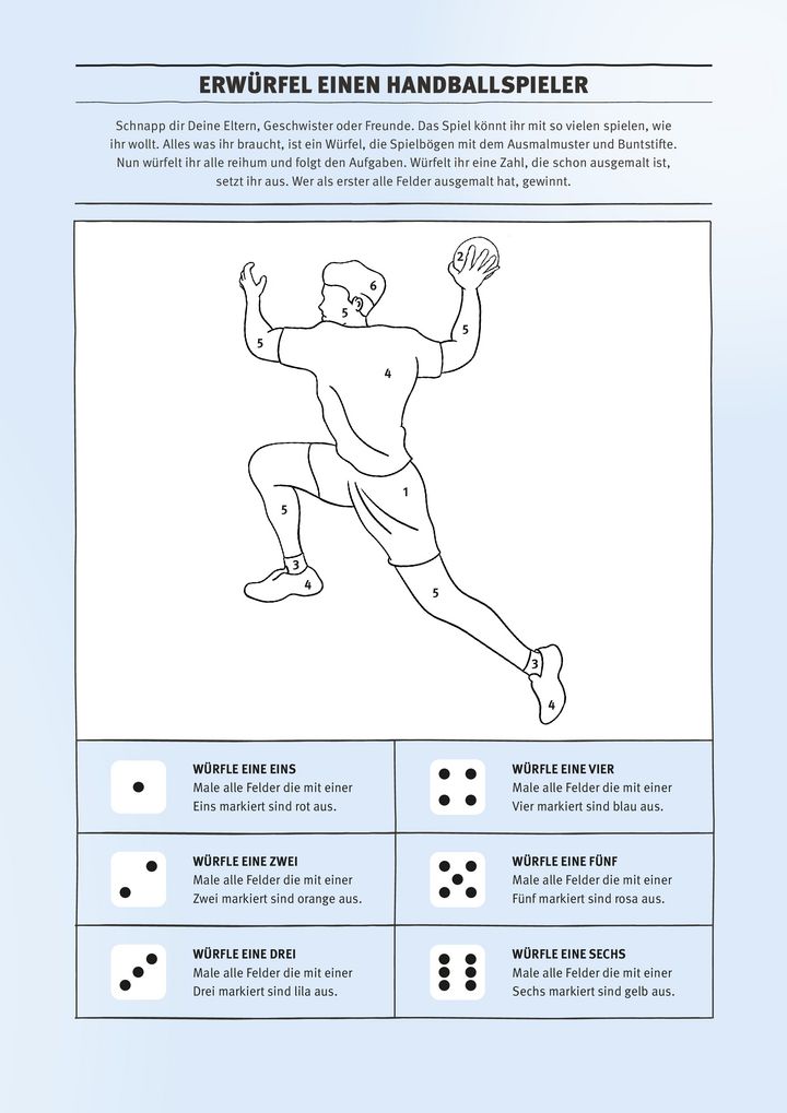 Blauer Spielbogen für ein Würfelspiel mit der prominenten Ausmalfigur eines Handballspielers