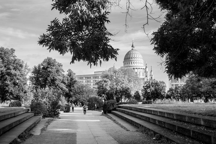 Schwarz-Weiß-Foto eines breiten Weges, der an beiden Seiten von Stufen begrenzt ist und deren Sichtachse den Blick zur Kuppel der Nikolaikirche führt. Eingerahmt ist das Foto von vielen Bäumen.